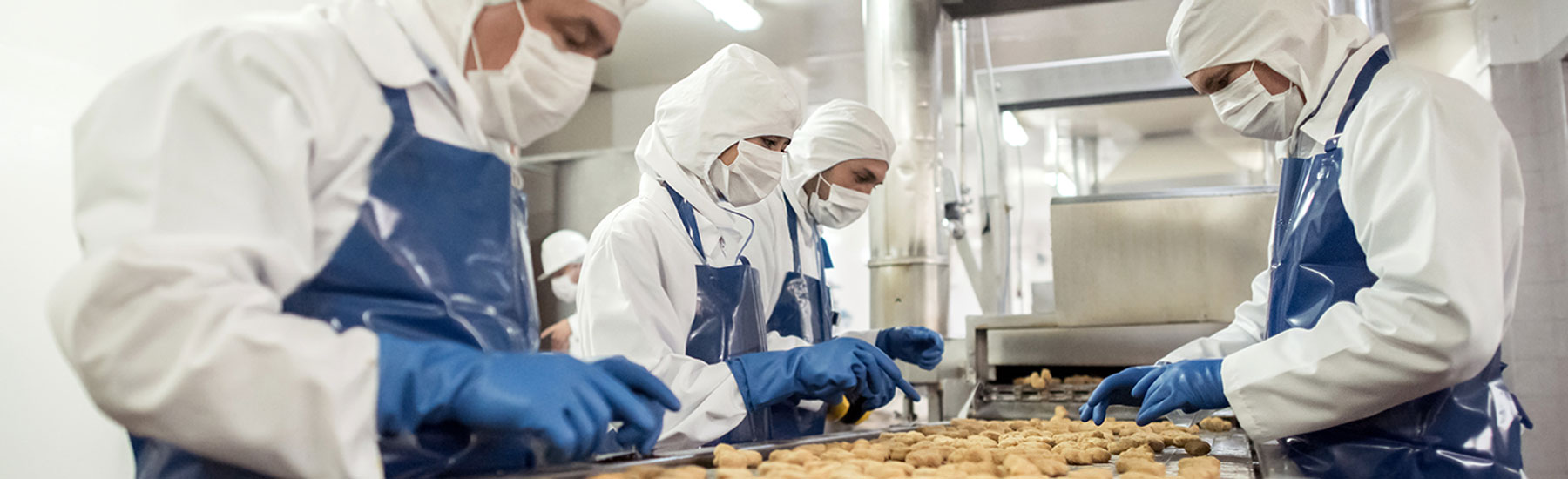 Food factory workers at a conveyor belt